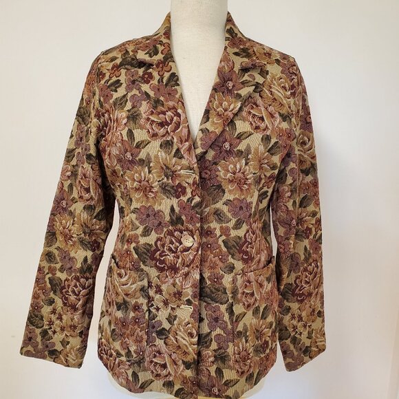 WinterSilks Autumn Rose Floral Tapestry Weave Jacquard Blazer Beige Maroon Green - Picture 2 of 9